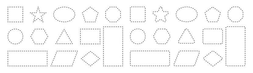 Dash line shapes. Dashed outline of circle, square, star, triangle, oval and heart for coupon. Design of border for basic geometric shapes. Icon of cut frame. Vector © Wise ant