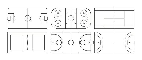 Field of basketball, soccer, hockey, volleyball and tennis. Sport court in line style. Vector icon top view. Outline set for american football, handball and baseball. Black icons isolated