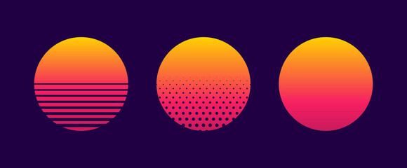 Retro sunset of 80s or 90s. Background of sun for cyberpunk, disco of 80 s and sunrise in miami. Set of neon gradient graphic for summer logo. Futuristic icons for flyer, music and shirt. Vector