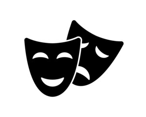 Theater mask. Drama and comedy theatre mask. Icon of actor in masquerade. Pictogram of culture. Logo of entertainment, art and tragedy. Vector black silhouette