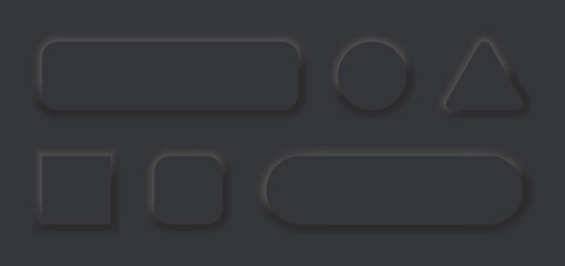 Neumorph 3d button. Circle, square, triangle neumorph button with light shadow. Badge for ui isolated on black background. Icon for modern web design. Technology elements for website ux. Vector