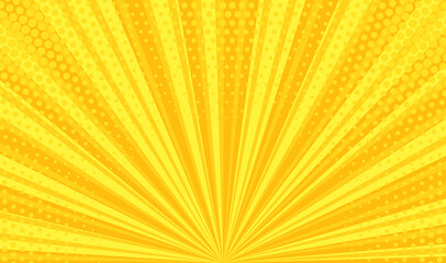Pop art background. Comic pattern with halftone and starburst. Yellow cartoon retro sunburst texture. Vintage gradient banner. Funny superhero print. Duotone effect with dots. Vector illustration.