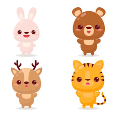 Cute animals. Cartoon tiger deer rabbit bear, kawaii style. flat illustration.