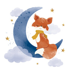 Cute fox on the moon with shiny stars, watercolor vector illustration, animal nursery illustration for children, graphic for wallpaper. cards.