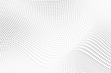 Plakat The halftone texture is chaotic monochrome. Abstract black and white waves background of dots. Backdrop for the design of websites, business cards, posters