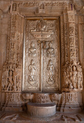 Exterior detail of Jain temple in Chittorgarh fort, Rajasthan state, India. The Jain temples of Chittorgarh have a significant place in the history of Jainism