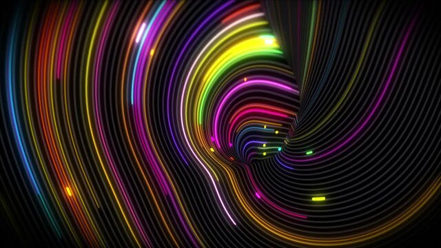 Spiral vortex streams of light on a surface with lines. Colorful and decorative backgrounds for presentations, holidays and footage. Light increasing wave movements
