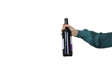 Female holding bottle of expensive red wine isolated on white background, giving gift, party,...