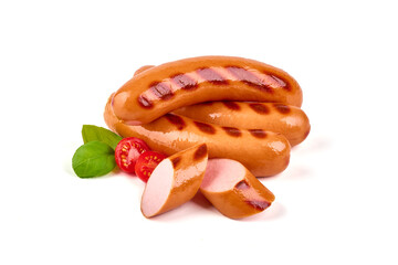 Grilled frankfurter sausage, isolated on white background.