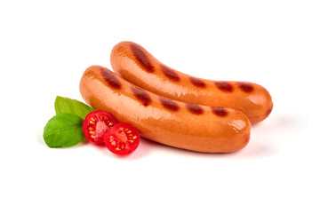 Fried frankfurter sausage, isolated on white background.