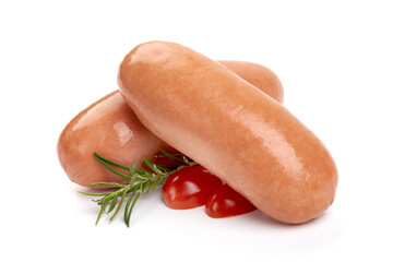Fresh boiled sausages with herbs isolated on white background.