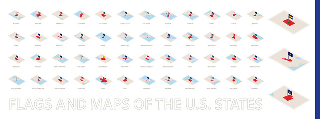 Obraz premium Set of isometric maps and flags of the United States, sorted alphabetically.