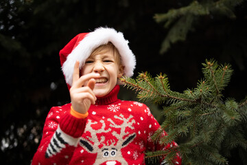 A boy in a red knitted Christmas sweater with a Christmas reindeer and a Santa Claus hat talks emotionally waving his finger against the background of a park with Christmas trees