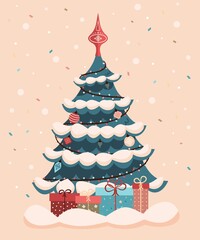 Colorful Christmas Illustration. Christmas tree is decorated with a garland and Christmas tree toys. There is snow on the branches, there are holiday gifts