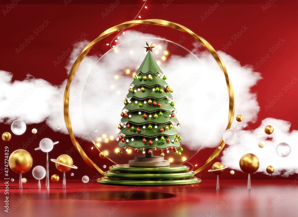 Poster merry christmas event product display podium with decoration background 3d rendering