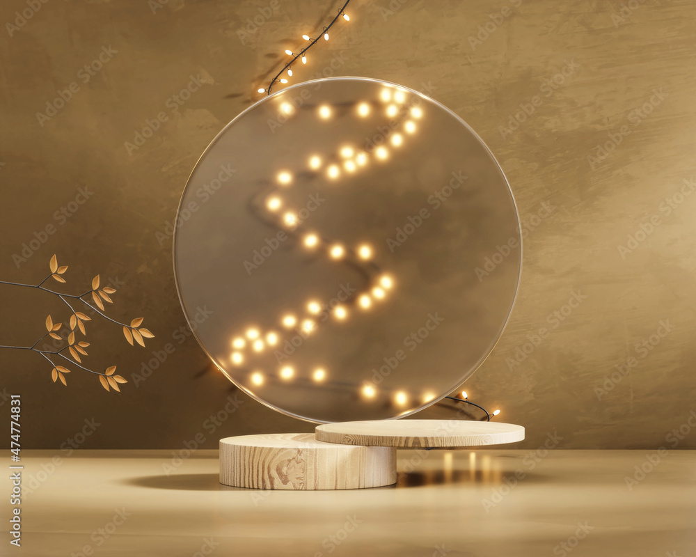 Poster podium with fairy light string on wall background 3d rendering