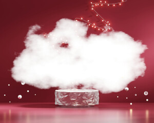 Podium with fairy light string and cloud on red background 3d rendering