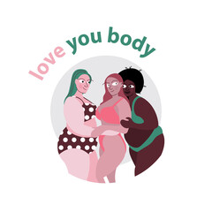 Multi-ethnic beauty. Group of abstract women of different race in swimsuits standing together and laughing against pastel background. Body positive. Flat vector illustration.