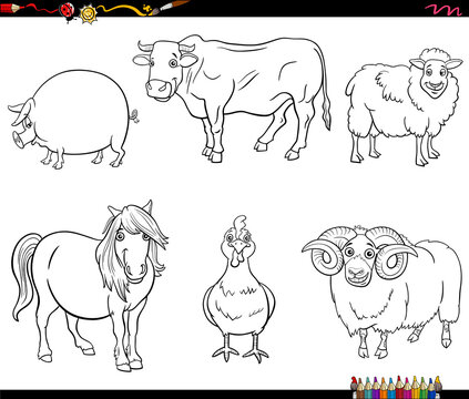 cartoon farm animal characters set for coloring