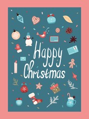 Christmas and New Year card. Happy Christmas. Illustration is Decorated with bright Christmas Elements, presented on a blue background. For Vector Illustrations