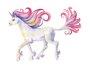 Fototapeta na wymiar Beautiful white unicorn with a lush pink mane