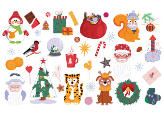 Vector set of winter holidays illustrations for children's stickers, cards, posters, calendar. 