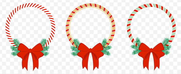 Circle frame candy cane with fir branches. Red bow Christmas border. Isolated vector illustration, flat style.