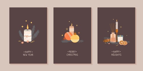 Set of different christmas cards, templates. Christmas tree decorations, candles and aroma accessories. Xmas and New 2022 Year celebration preparation. Vector vintage trendy style