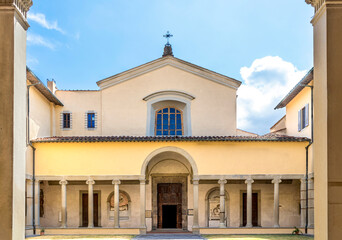 The Ionic colonnade and the four-sided portico of the church of Santa Maria Maddalena dei Pazzi, a Renaissance-style church and a former convent, in Borgo Pinti, Florence city center, Tuscany, Italt