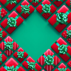 Christmas red gift boxes on green background.
