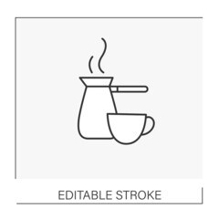  Hot drink line icon. Traditional Turkish steel kettle for coffee preparation. Tea and coffee concept. Isolated vector illustration. Editable stroke