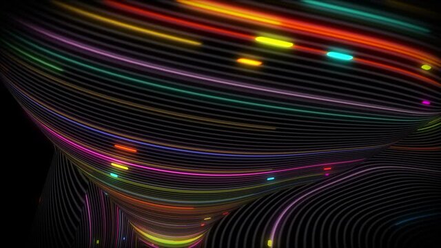 Spiral vortex streams of light on a surface with lines. Colorful and decorative backgrounds for presentations, holidays and footage. Light increasing wave movements
