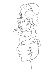 Continuous hand drawing style art. Black and white vertical abstract composition with people portrets and astronaut, rocket. Artistic pattern man and space concept. One line art wire design