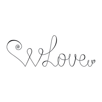 Love word with hearts drawn by one line. Romantic inscription. Scetch. Continuous line drawing phrase. For valentine's day, wedding. Vector illustration.