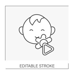  Toy line icon. Entertainment tooth rattle. Happy toddler with toy. Baby concept. Isolated vector illustration. Editable stroke