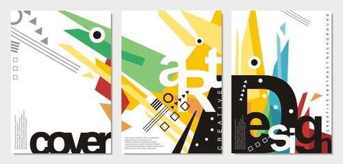 Abstract artwork with artistic lettering composition and colorful shapes and symbols. Vector cover background. Document template.