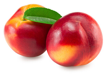 Nectarine with green leaf isolated on white background. clipping path