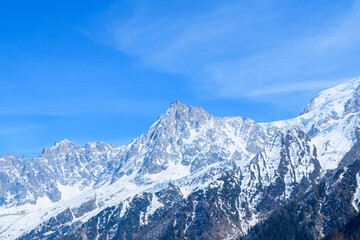 Fototapeta na wymiar The Aiguille du Midi and its countryside in the Mont Blanc massif in Europe, France, the Alps, towards Chamonix, in spring, on a sunny day.