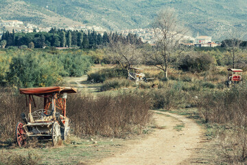 Fototapeta na wymiar Old abandoned horse carriages left on the side of the country road