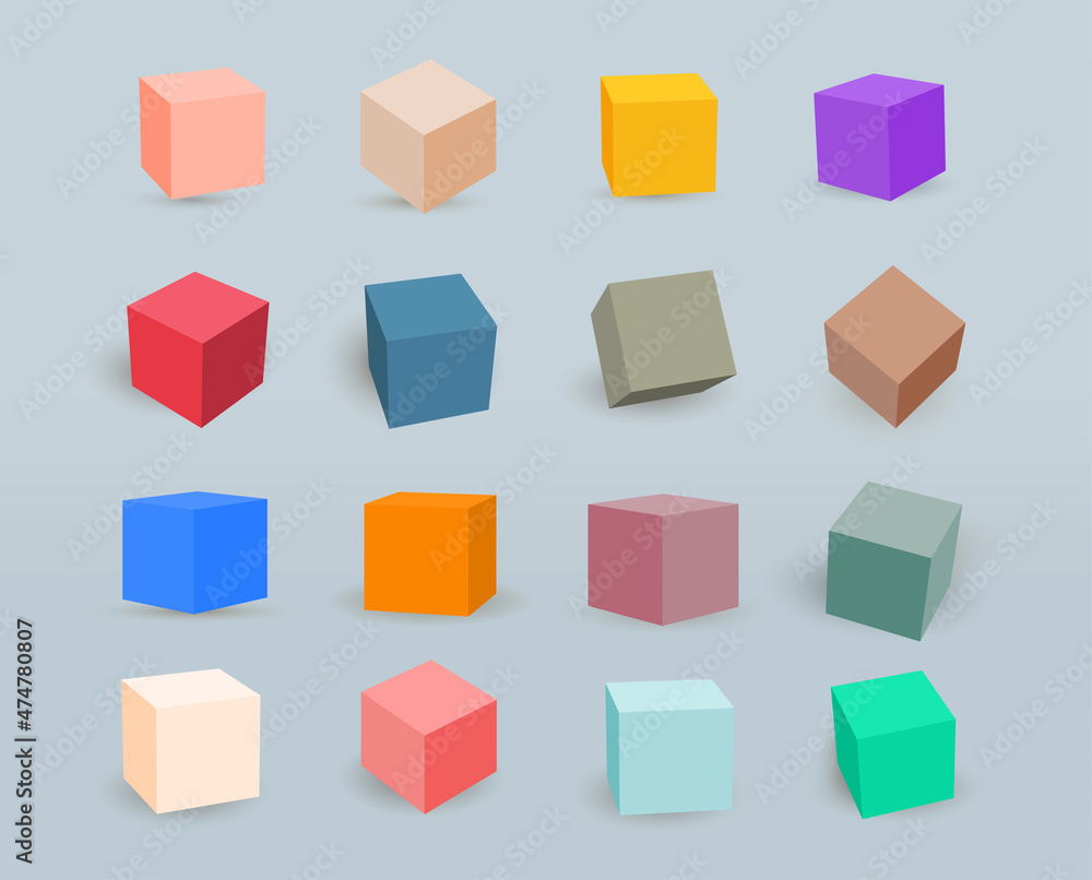 Poster set of colored 3d cubes. collection colorful cube icons with a perspective 3d cube model with a shad