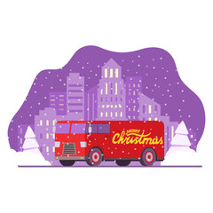 City delivery service. Christmas truck.Shipping and logistic van car.Winter skyline.Merry Christmas concept .