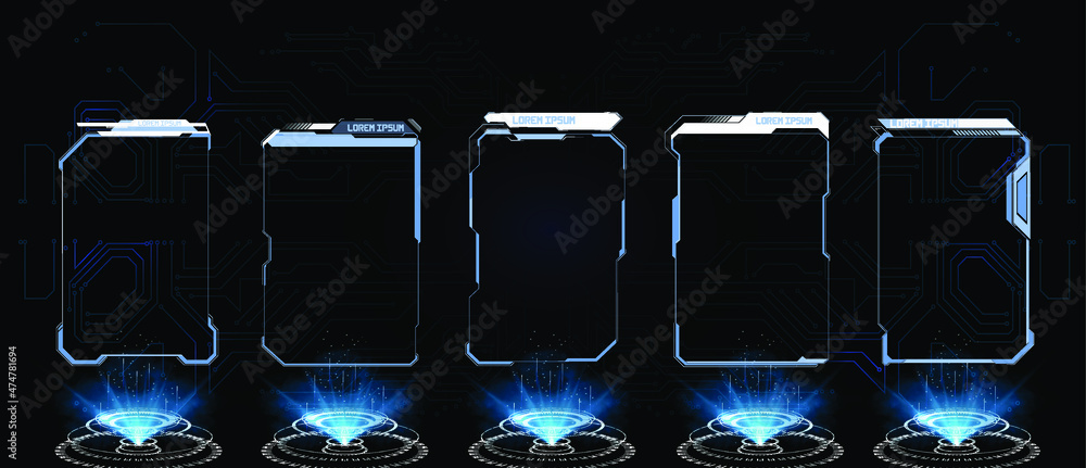 Poster HUD, UI, GUI futuristic user interface screen elements set. High tech screen for video game. Abstract virtual graphic touch user interface.   game style. Modern elements of cyberpunk. 