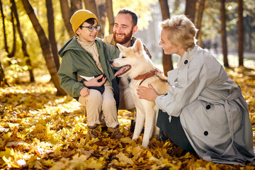 Fototapeta premium young happy family is having fun with akita inu outdoors. Mother, father and son with dog akita inu on yellow leaves in park. attractive male, female with son walking in forest. human emotions