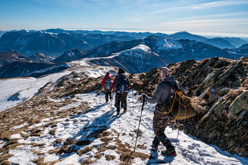 Trekking scene in the Italian alps of Lake Como