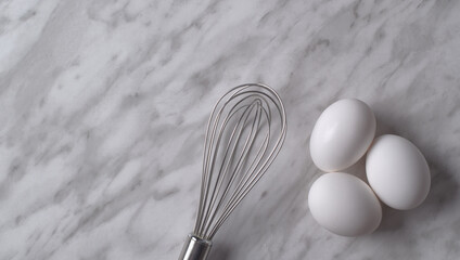 Raw eggs and mixing whisk with copy space