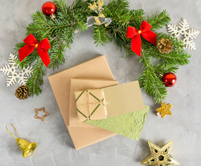 Top view flat lay christmas mockup with wrapped gifts in craft paper. Presents, holidays concept.