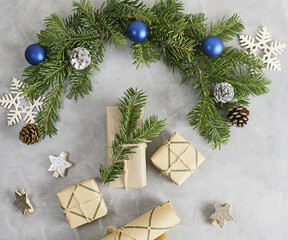Top view flat lay christmas mockup with wrapped gifts in craft paper. Presents, holidays concept.