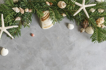 New year frame:  top view flat lay pine tree branches with seashells and starfish on grey background. Tropical christmas, holidays concept. Text space, copy space