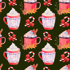 Watercolor Christmas pattern with hot winter drinks