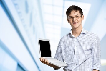Young boy student hold use work on laptop pc computer